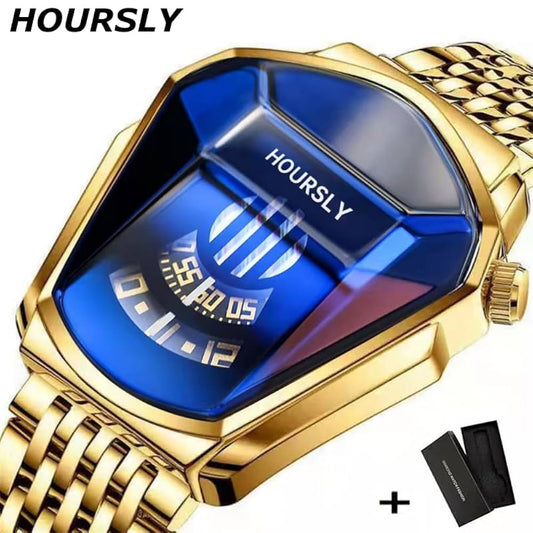 Watch - Luxury HOURSLY Brand Trend Cool Men's Wrist Watch Stainless Steel Technology Fashion Quartz Watch For Men Relogioss (Gold blue)