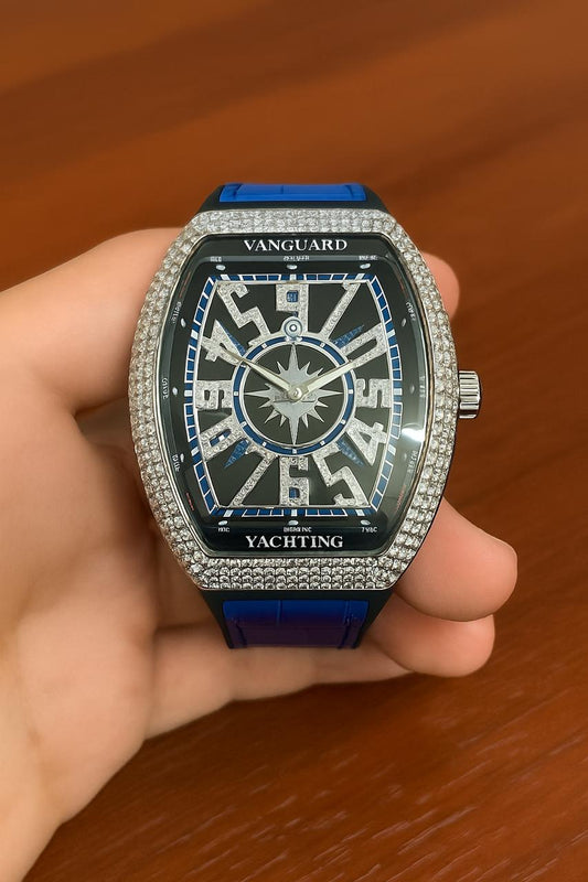 MEN'S SKULL BIG FACE WATCH RECTANGLE WHITE BLUE DIAL